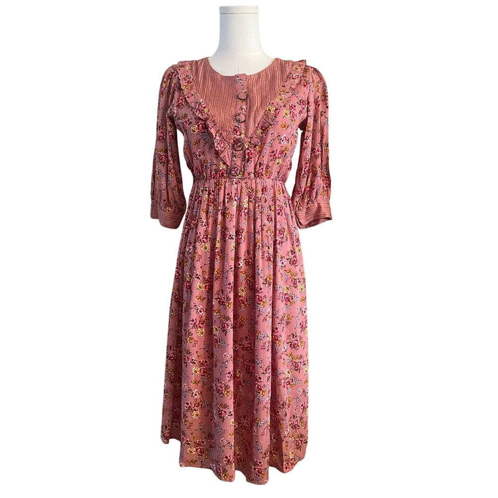 Diya Floral Ruffle Midi Dress – Dusty Pink Boho Cottagecore – Size Large